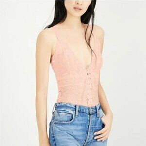 Intimately Free People Gazy Eyes Blush Lace Up Bodysuit New Medium M